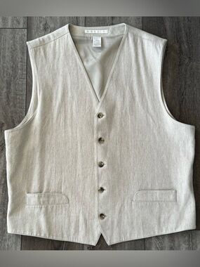 Perry Ellis Mens LARGE Linen Blend Suit Vest Natural Color Buttons Lined Wedding